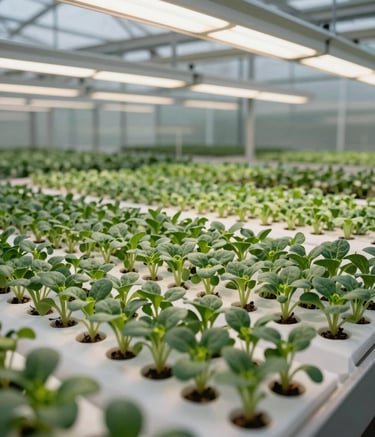 A sophisticated wide-angle photograph of a pristine, high-tech indoor greenhouse in North America. Rows of vibrant dark green microgreens are perfectly aligned under soft, full-spectrum lights. The atmosphere is clean, minimalist, and serene, emphasizing premium agricultural excellence.
