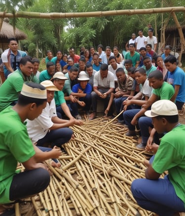 Local workers carefully planting bamboo shoots in a reforestation area