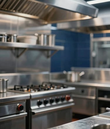 An ultra-clean, modern commercial kitchen with gleaming stainless steel surfaces and architectural lighting. The composition is minimalist and professional, reflecting the high standards of the restaurant industry. Incorporates navy blue and gold light reflections.