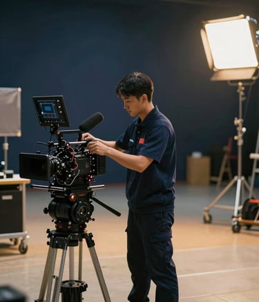 A wide, cinematic shot of a professional film production set with cameras and lighting rigs. In the foreground, a professional cleaning technician in a navy blue uniform is meticulously preparing the space. The mood is high-end and polished, with a palette of navy and warm gold lighting.