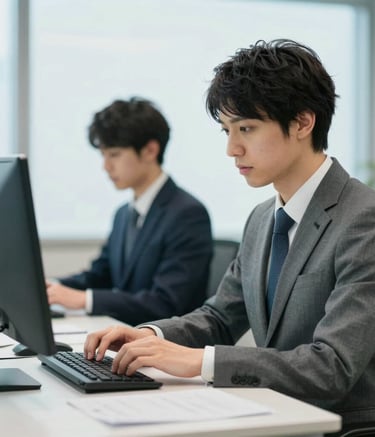 East Asian / Japanese professional person in business attire working diligently at a clean, modern workstation, soft natural light, professional efficiency mood, background colors featuring light greyish blue and muted teal.