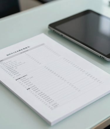 A close-up photography of organized financial documents and a sleek digital tablet on a modern desk, East Asian / Japanese office environment, clean composition, professional lighting with muted teal and light greyish blue accents.