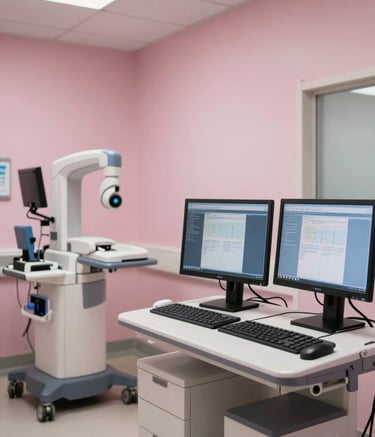 A bright, professional medical workspace in a US hospital featuring sleek computer monitors and innovative diagnostic equipment, with soft dusty pink tones in the room decor and warm natural lighting.