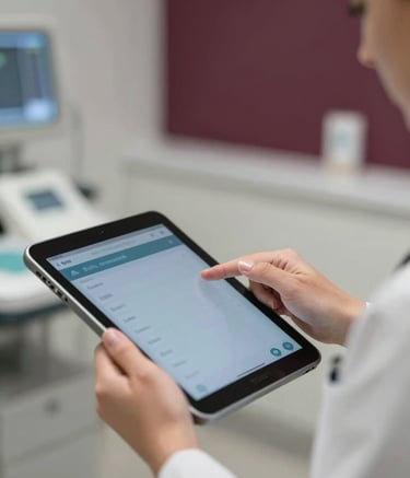 A close-up photograph of a medical professional in a North American clinic using a high-tech patient management tablet. The setting is modern and clean with soft lighting and subtle muted burgundy accents in the background.