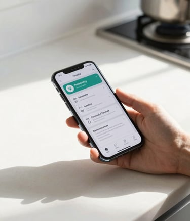 A high-angle photography shot of a person in a bright, modern North American kitchen using a sleek smartphone to check a productivity app. Natural morning light spills across a clean countertop, emphasizing a sense of efficient daily life and modern technology.