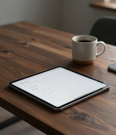 Professional photography of a minimalist home office in a North American setting. A high-resolution tablet is resting on a dark wood desk next to a ceramic coffee mug, with soft focus on the clean, digital interface of the device.