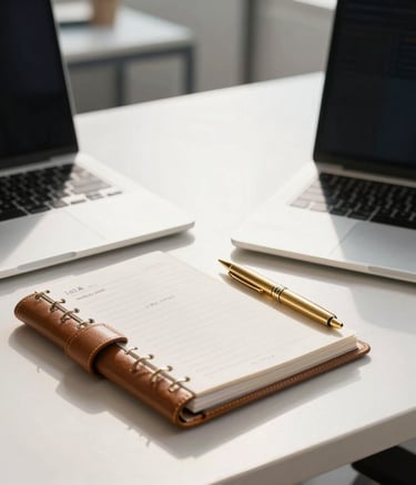A high-angle close-up of a professional desk in a sunlit North American office. A high-end laptop, a leather-bound strategic planner, and a gold-colored pen are neatly arranged on a clean white surface. Soft-focus background of a modern workspace.