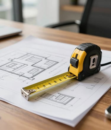 Close-up of architectural plans on a wooden desk with a yellow measuring tape, professional office environment in Latin American / Hispanic city, bright natural light, professional photography style.