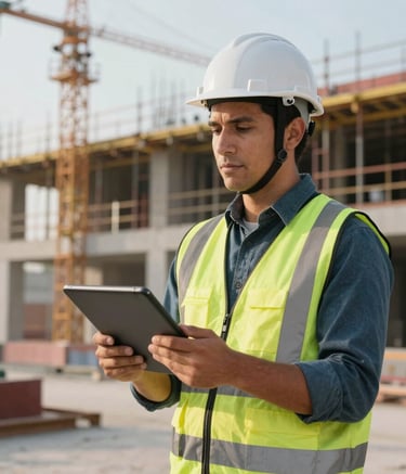 Professional construction supervisor holding a digital tablet at a modern building site, wearing a safety helmet, Latin American / Hispanic professional, soft morning lighting.