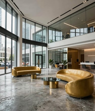 Modern corporate interior after renovation, showcasing glass walls, polished concrete floors and goldenrod accent furniture, Latin American / Hispanic business district setting, wide angle photography.