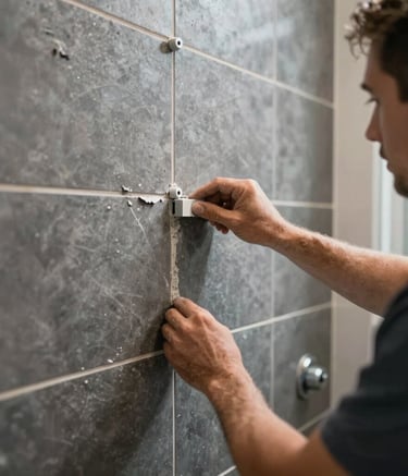 A close-up photograph of a professional contractor in a residential bathroom in Los Angeles, California, precisely installing large-format dark gray tiles on a shower wall using modern leveling spacers, natural bright lighting.