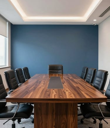 A wide-angle professional photograph of a bright, modern legal consulting room in Brazil. A mahogany meeting table is centered, reflecting soft light. The atmosphere is authoritative and calm, using shades of medium blue and off-white.