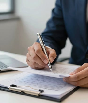 A close-up photograph of a professional's hand in a South American / Brazilian business environment, meticulously reviewing a technical medical document with a silver pen. The background is a clean, modern law office with soft lighting and a palette of dark blue and off-white.