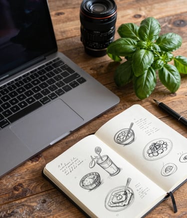 An overhead lifestyle photograph of a rustic wooden workspace in the US. A laptop, a sketchbook with food concept drawings, and a fresh sprig of basil sit on the desk. The atmosphere is cozy and professional, featuring a palette of Matte Forest Green and Crisp Parchment.