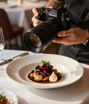 A professional photography shot of a content creator in a North American / US restaurant setting, focusing a high-end camera on a beautifully plated dish. The scene is warm and inviting, lit by soft afternoon sun. Deep Ripe Crimson and Crisp Parchment colors are subtly present in the decor and linen.
