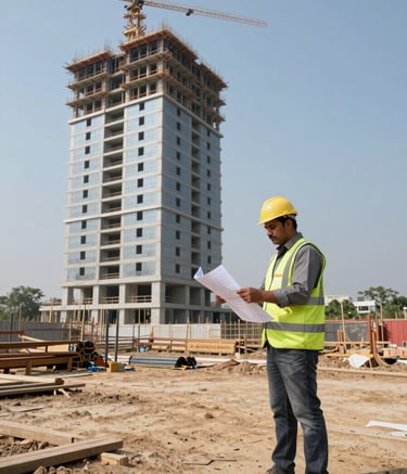A wide photography shot of a modern construction project in Chhattisgarh, showing a professional South Asian / Indian supervisor in safety gear reviewing site plans, with a clear blue sky background.