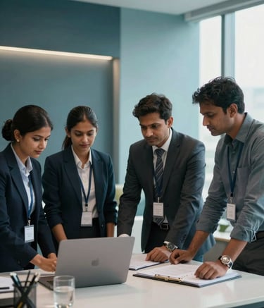 A South Asian / Indian professional team working together in a high-end corporate office in Raipur, featuring dark teal and light blue interior design elements and soft natural lighting.