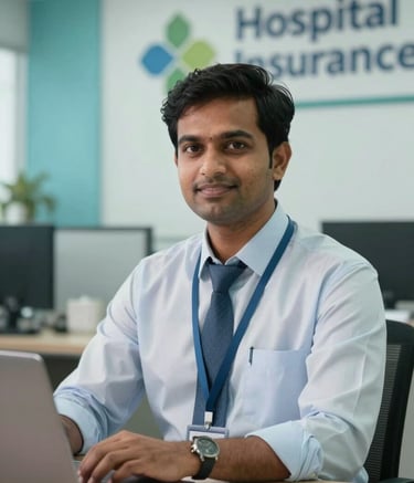 A professional South Asian / Indian office manager in a clean, brightly lit administrative setting in Raipur, symbolizing hospital insurance and health department affiliation services, with muted teal and light blue accents in the background.