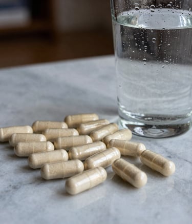 A close-up, sharp photograph of high-quality supplement capsules neatly arranged next to a condensation-covered glass of water on a light grey marble surface in a North American home.