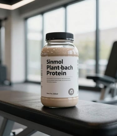 A premium matte glass bottle of plant-based protein powder sitting on a clean gym bench in a bright, modern North American fitness studio with natural window lighting.