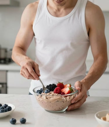 A North American professional in athletic attire preparing a fresh berry protein bowl in a high-end minimalist kitchen, bright and clean photography with soft natural light.