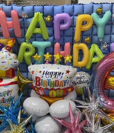 Colorful birthday party balloon display with Happy Birthday letters and a large number six balloon.