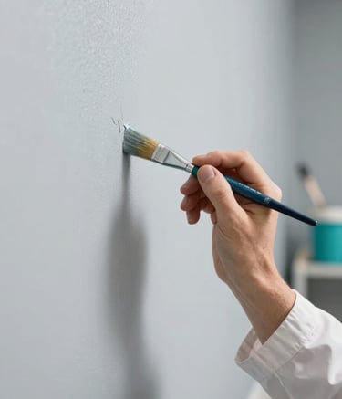 A close-up, high-definition photo of a professional painter's hand using a high-quality brush to finish a corner perfectly. The wall is a modern light grey, and the painter's uniform is clean and white. The lighting is bright and professional, highlighting the texture of the smooth paint, with hints of #4C7B9E blue in the background tools.