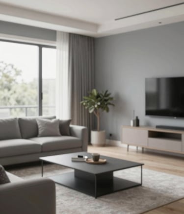 A wide shot of a luxury modern living room with freshly painted walls in a professional soft grey finish. The room is clean, with bright natural light coming from a window. The style is modern and professional, reflecting the high standards of Eliv Pinturas. Subtle brand colors #1E2A3A are integrated into the room's decor.
