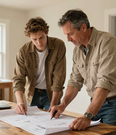 A father and adult son contractor duo in a North American / US residential setting, wearing professional work gear and looking over blueprints on a wooden table. Warm, natural lighting, clean and professional atmosphere with Muted Brown and Off-white tones.