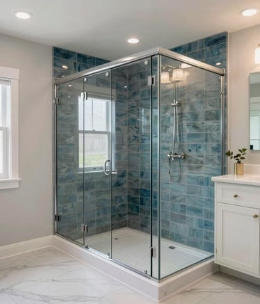 Wide-angle photography of a stunning, newly completed bathroom remodel in a North American / US house, featuring modern glass shower doors, Steel Blue accent tiling, and elegant Off-white cabinetry. Bright and clean aesthetic.