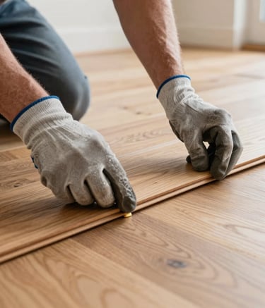 Close-up photography of a skilled craftsman's hands in work gloves carefully installing modern hardwood flooring in a bright North American / US home. Meticulous focus on the texture of the wood and the precision of the fit.