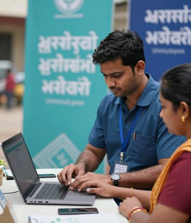 A South Asian / Indian volunteer in a professional uniform helping a worker with digital registration on a laptop. The setting is an outdoor community desk, clean and organized, with a background of soft teal and dark blue foundation banners.