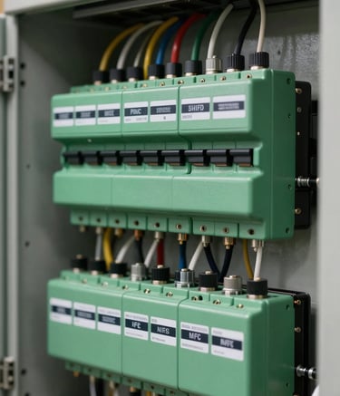 A high-precision close-up of a complex industrial electrical panel. The wiring is meticulously organized, featuring components in technical forest green and labels in elegant black, reflecting high-end engineering standards.