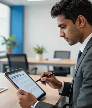 A close-up photograph of a professional interview in progress at a South Asian / Indian consultancy. A focused recruiter is reviewing a candidate's profile on a tablet. The background is a clean, minimalistic office space with professional blue accents and soft-focus greenery, creating a modern corporate feel.