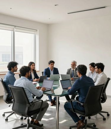 A wide-angle shot of a professional South Asian / Indian team meeting in a bright, modern corporate office. They are gathered around a glass table with laptops, embodying a professional and trustworthy environment. The room is decorated in professional blue and clean off-white tones, with soft natural light streaming through large windows.
