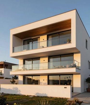 Photography of a large, beautiful modern chalet in a Southern European / Spanish coastal area during the golden hour. The architecture features clean lines, white walls, and large glass windows, reflecting the professionalism of Reformas Integrales J.H. The lighting is warm and inviting, emphasizing high-quality craftsmanship.