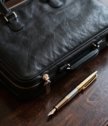 A close-up photograph of a high-quality leather briefcase and a refined gold-nibbed pen resting on a dark walnut desk. The lighting is cinematic and focused, highlighting textures of leather and metal. Minimalist and premium atmosphere. Global / Spanish-speaking professional context.