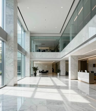 A wide-angle architectural shot of a minimalist corporate lobby with white marble floors and light blue-grey glass walls. Bright, natural lighting creates a sense of openness and sophistication. Global / Spanish-speaking elite business setting.