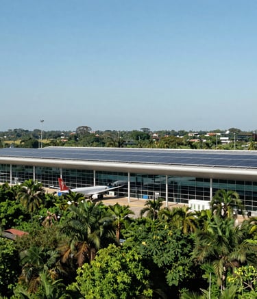 Modern airport terminal exterior seamlessly blending with lush green nature and solar panels on the roof, sunny day, clear sky, professional architectural photography, Latin American / Spanish-speaking context, no people.