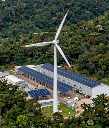 Wind turbines and solar panels integrated into a high-tech clean industrial facility surrounded by a vibrant green forest, cinematic lighting, no people, professional photography, Latin American / Spanish-speaking context.