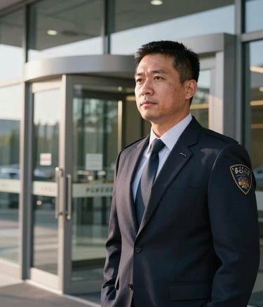 A detailed close-up of a professional security agent in a dark navy suit standing at a sleek glass entrance of a modern US office building, morning sunlight reflecting on the glass.