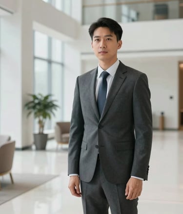 A professional security consultant in a tailored dark gray suit standing confidently in a bright, minimalist North American corporate lobby, soft natural lighting, modern architecture.