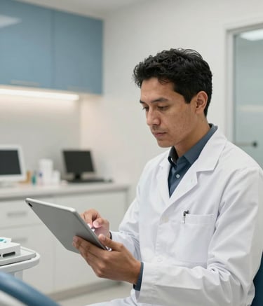 A professional South American Brazilian dentist in a clean, modern clinic setting, wearing a white coat and using a tablet to conduct a tele-consultation. The lighting is bright and inviting, featuring subtle brand colors like muted blue and off-white in the background décor.