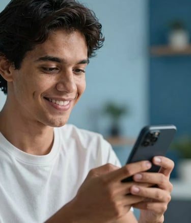 A close-up photograph of a smiling person in a modern South American Brazilian home, looking at their smartphone with an expression of trust and relief. The background is soft-focused with clinical blue tones from the brand palette, like light blue and dark blue, creating a warm yet professional atmosphere.