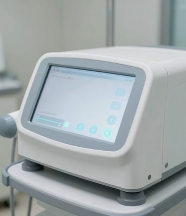 Detailed photography of a high-tech medical device with clean white surfaces and subtle light blue indicators, set in a sterile clinical environment in North American / US, soft natural lighting.