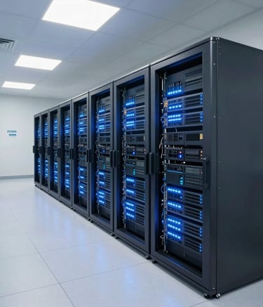 A wide angle shot of a clean, brightly lit North American hospital data center with glowing blue server racks, modern clinical precision, and soft white lighting.