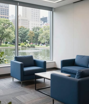 A bright and airy high-end office consultation room in North America / US. The scene features clean lines, steel blue upholstery, and a large window overlooking a calm city park. The lighting is soft and natural, emphasizing a professional and secure environment.