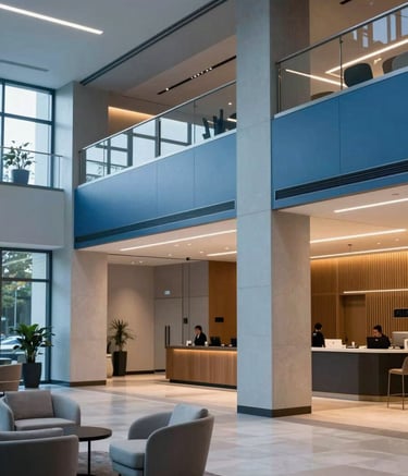 An elegant, modern lobby of a North American / US corporate event center. The interior design features steel blue and light blue accents, minimalist furniture, and a welcoming, quiet atmosphere under warm evening lights.