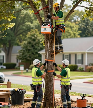 A high-end, clean job site in a suburban Greenville neighborhood. Professional arborists in branded safety gear are using high-quality equipment for precise tree trimming. The composition is clean and organized, with the lush Blue Ridge greenery in the background. The lighting is bright and natural, reflecting professional integrity and a sophisticated, grounded mood, incorporating brand colors #1A2C21 and #F0F4E8.