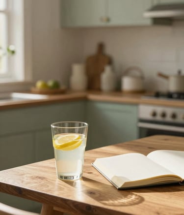 A bright and inviting North American home interior where sunlight streams onto a wooden table holding a glass of lemon water and a journal. The atmosphere is professional and modern, emphasizing positive lifestyle choices and natural well-being with cream and sage green accents.